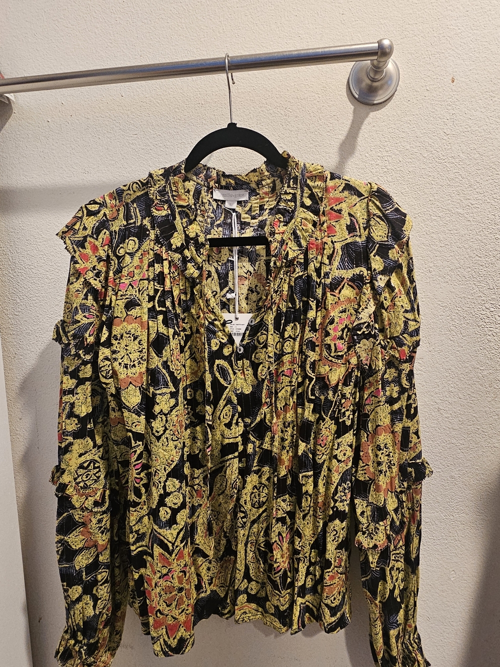 Black Floral Ruffle-Trim Blouse with Yellow Accents – Women